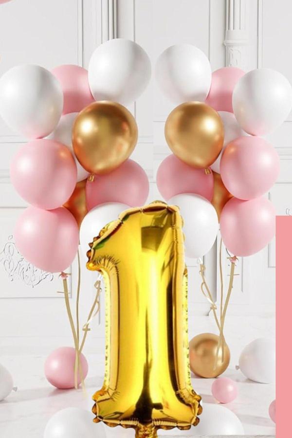 Tedaks 1 Yaş Retro Gold Pembe Beyaz Balon Seti Gold Rakamlı Doğum Günü Balonu Şık Parti Süsleme - Image 1