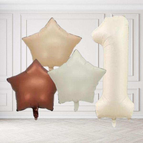 Tedaks 1 Yaş Retro Krem Bej Kahverengi Yıldız Folyo Balon Seti Krem Rakamlı Doğum Günü Şık Parti Süsleme - Image 1