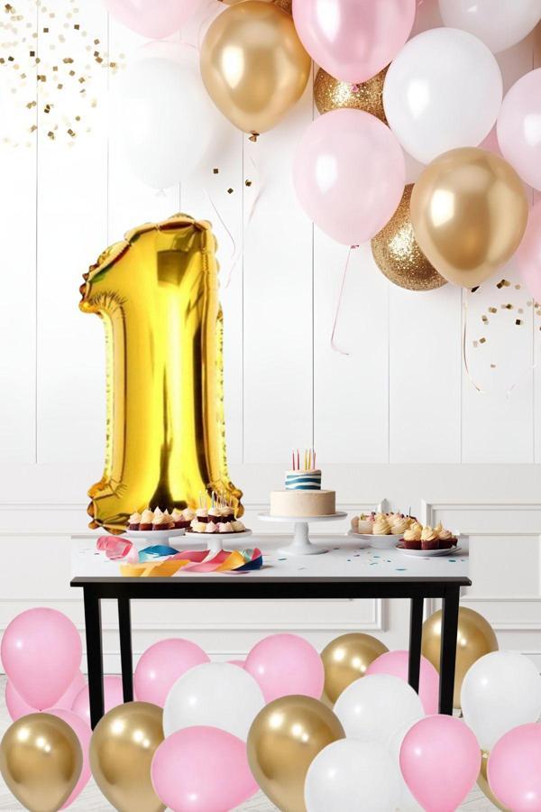 Tedaks 1 Yaş Retro Krom Gold Pembe Beyaz Balon Seti Gold Rakamlı Doğum Günü Balonu Şık Parti Süsleme - Image 1