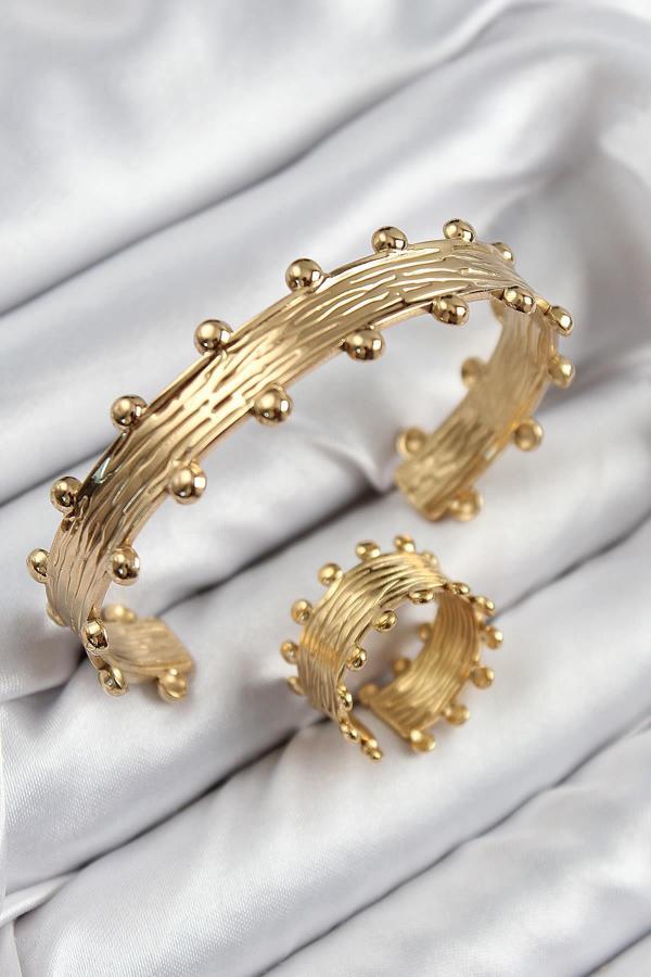 Pirinç Topcuk Model Gold Renk Bileklik Yüzük Set - Image 1