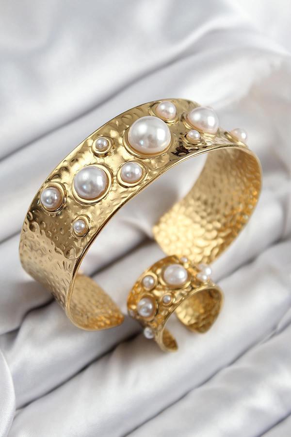 Pirinç İncili Model Gold Renk Bileklik Yüzük Set - Image 1