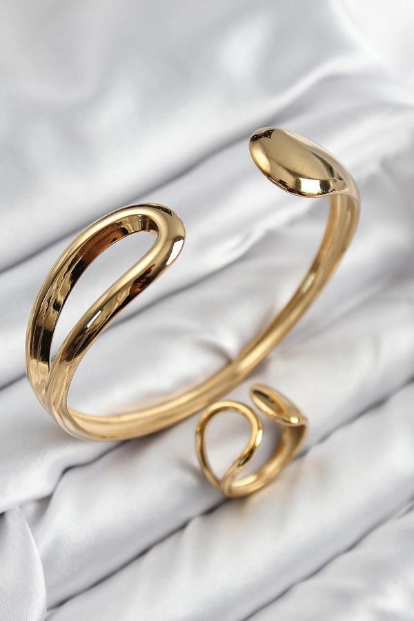 Pirinç Ayrık Model Gold Renk Bileklik Yüzük Set - Image 1