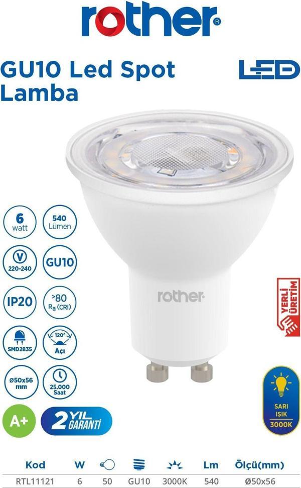 ''RTL11121 Rother GU10 LED Spot Ampul 6W 540 Lümen 3000K Sarı Işık - Enerji Tasarruflu Ampul - Image 1