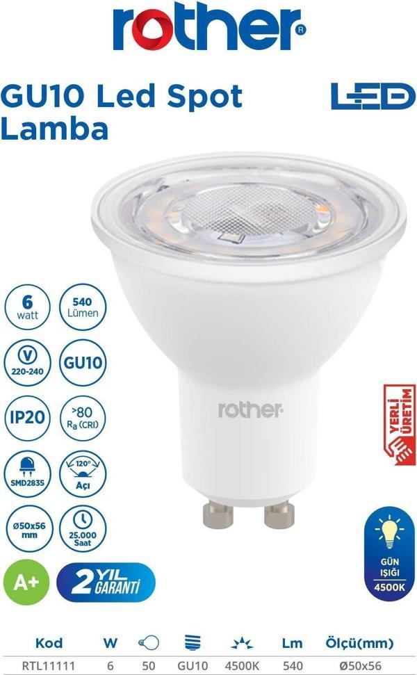 RTL11111 Rother GU10 LED Spot Ampul 6W 540 Lümen 4500K Gün Işığı - Enerji Tasarruflu Ampul - Image 1