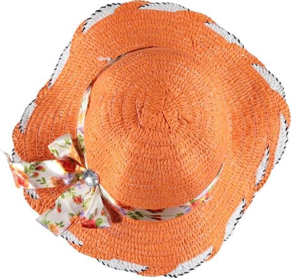 5/10 YAŞ KIZ ÇİÇEKL KURDELE HASIR FÖTR ŞAPKA-52 CM Oranj - Image 1