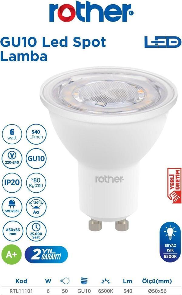 RTL11101 Rother GU10 LED Spot Ampul 6W 540 Lümen 6500K Beyaz Işık - Enerji Tasarruflu Ampul - Image 1