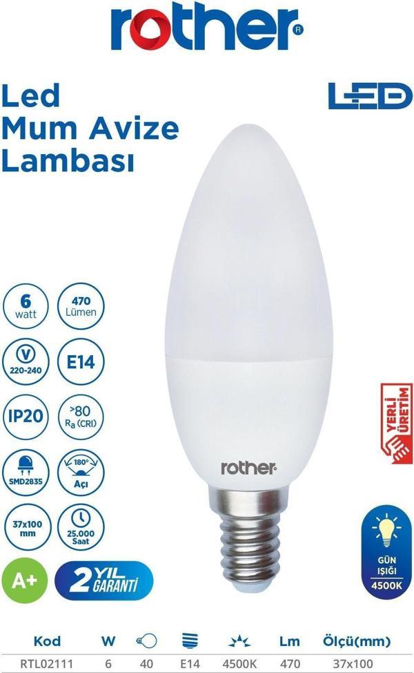 RTL02111 Rother LED Mum Avize Ampul 6W E14 470 Lümen 4500K Gün Işığı - Enerji Tasarruflu Ampul - Image 1
