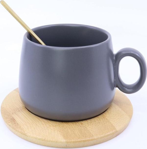Bambu Tabaklı Seramik Kupa - Gri  - Image 1