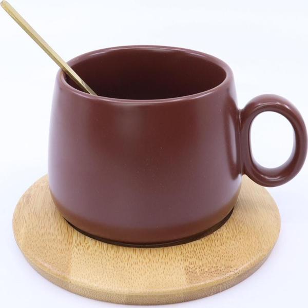 Bambu Tabaklı Seramik Kupa -Kahverengi - Image 1