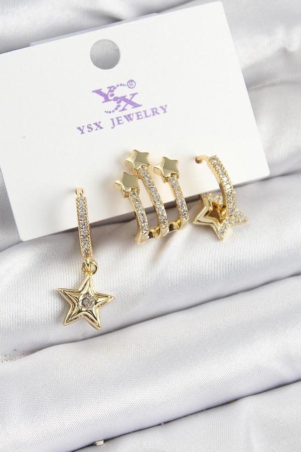 Pirinç Zİrkon Taşlı Sallantılı Yıldız Model Gold Renk 3'lü Kadın Küpe - EBJ250726W36713 - Image 1