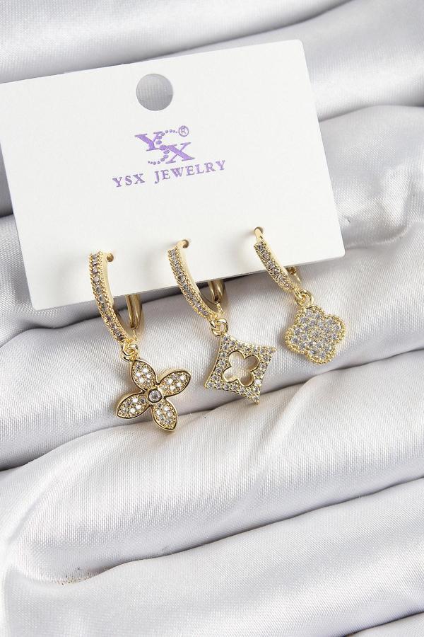 Pirinç Zİrkon Taşlı Yonca Model Gold Renk 3'lü Kadın Küpe - EBJ250726W36722 - Image 1