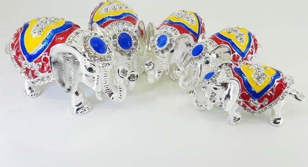 Swaroski Taşlı Metal Bereket Fili 5li Mücevher Kutusu Gri - Image 1