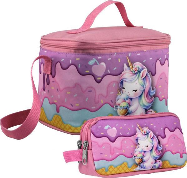 Cennec Kız Çocuk Dondurma Yiyen Unicorn Desenli Mor Pembe Beslenme Çantası ve Kalemlik Seti - Image 1