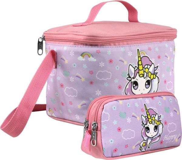 Cennec Kız Çocuk Gökkuşağı Unicorn Desenli Turkuaz Pembe Beslenme Çantası ve Kalemlik Seti - Image 1