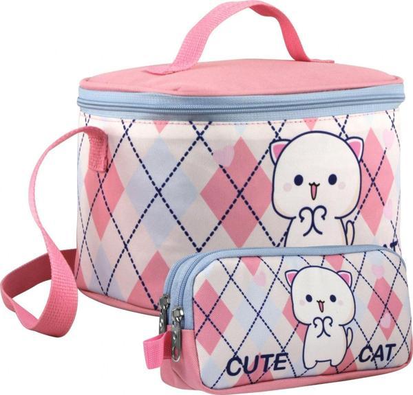 Cennec Kız Çocuk Love Cute Cat Desenli Beyaz Pembe Beslenme Çantası ve Kalemlik Seti - Image 1