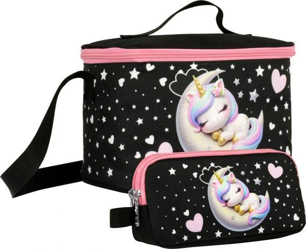 Cennec Kız Çocuk Uykucu Unicorn Desenli Siyah Pembe Beslenme Çantası ve Kalemlik Seti - Image 1