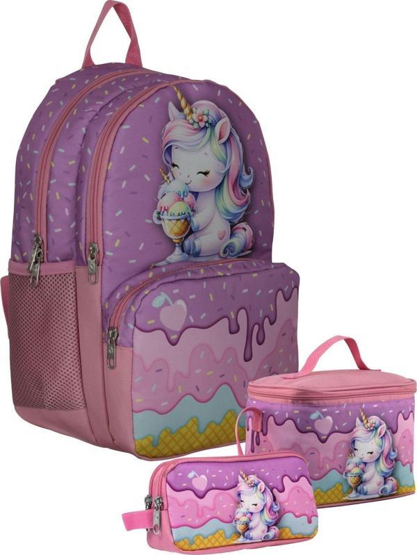 Cennec SETUMT5003A Üçlü İlkokul Çanta Seti (Mor Pembe - Dondurma Yiyen Unicorn - Kız Çocuk) - Image 1