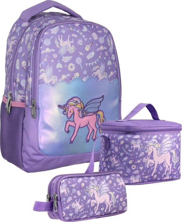 Cennec SETUMT5027A Üçlü İlkokul Çanta Seti (Lila - Nakışlı Unicorn Pegasus - Kız Çocuk - Parlak Kumaş) - Image 1
