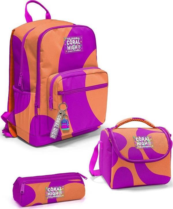 Coral High Koyu Pembe Turuncu Desenli 3'lü Okul Çanta Seti SET0123684 - Kız - Image 1