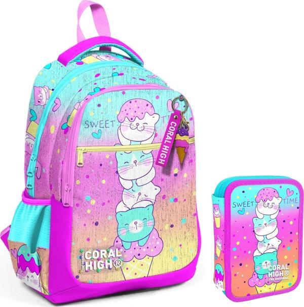Coral High Yeşil Pembe Dondurma ve Kediler Kız Çocuk Okul Çantası ve Organizer Kalemlik Seti 23648+11139 - Image 1