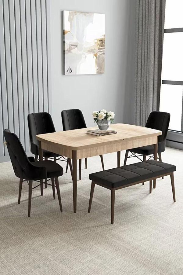 Loft Meşe Desen 80x132 Açılabilir Mdf Masa Yemek Odası Takımı, Mutfak Takımı 4 Sandalye, 1 Bench - Image 1