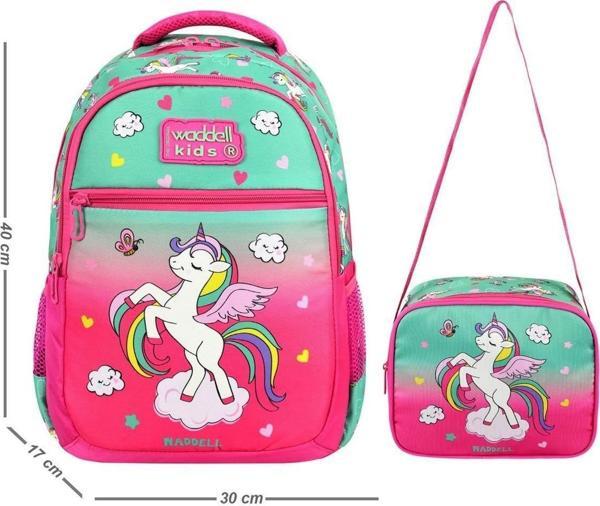 WADDELL Lisanslı Fuşya Unicorn Desenli  Kız Çocuk İlkokul Sırt Çantası Ve Beslenme Çantası - Image 1