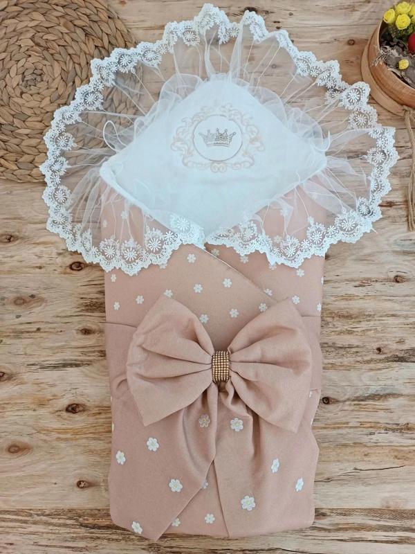 Yenidoğan Papatya Desenli Trilüks Unisex Kundak Bebek Battaniyesi Kahverengi - Image 1