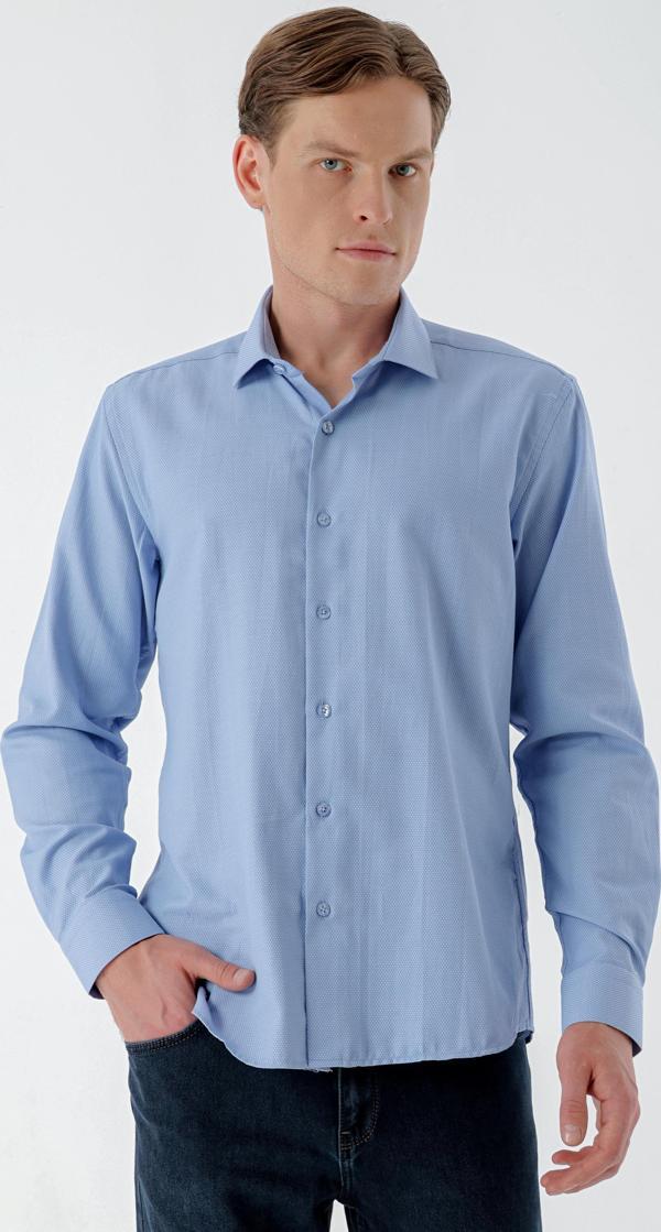  Erkek Mavi Trend Baskılı Desenli İtalyan Yaka Slim Fit Gömlek - Image 1