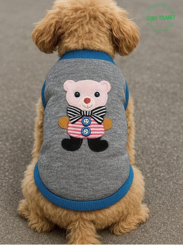 Gobo Sevimli Beyaz Ayıcık Aksesuarlı Aplikeli Gri Kedi Köpek Kıyafeti Elbisesi - Image 1