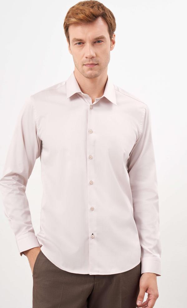  Erkek Bej Pamuk Düz Desen Sert Yaka Slim Fit  Gömlek - Image 1