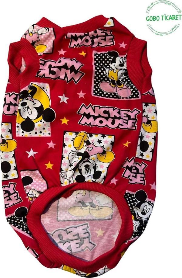 Gobo Kırmızı Mickey Mouse Desenli Kedi Köpek Kıyafeti Elbisesi Kırmızı Kollu - Image 1