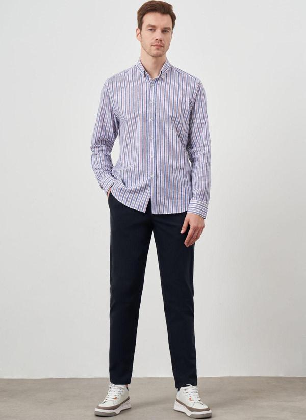  Erkek Bordo Keten Panolu Düğmeli Yaka Regular Fit Gömlek - Image 1