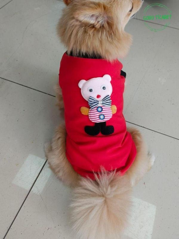 Gobo Pembe Ayıcık Aksesuarlı Kırmızı Kedi Köpek Kıyafeti Elbisesi Gri Kollu - Image 1