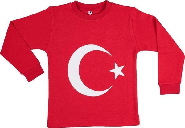 Remsa Beberium Ay Yıldız Baskılı Bayrak Kırmızı Sweat Uzun Kollu Kız Çocuk Erkek Çocuk Unisex - Image 1