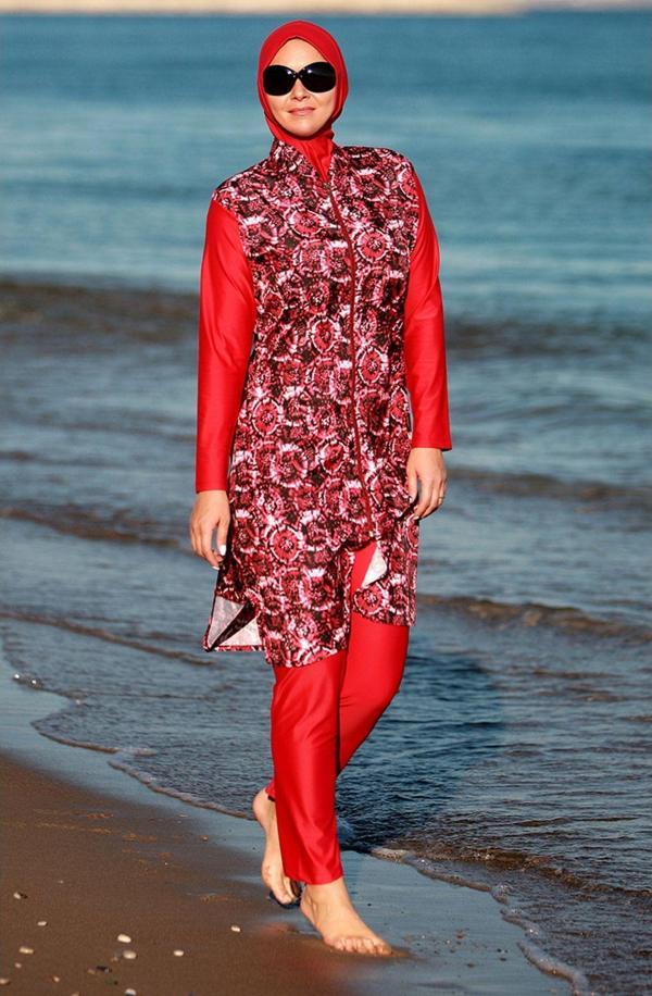 Emayo Tam Kapalı Tesettür Mayo Deniz Mayosu 2003 Desenli Ruken Bordo Batik - Image 1