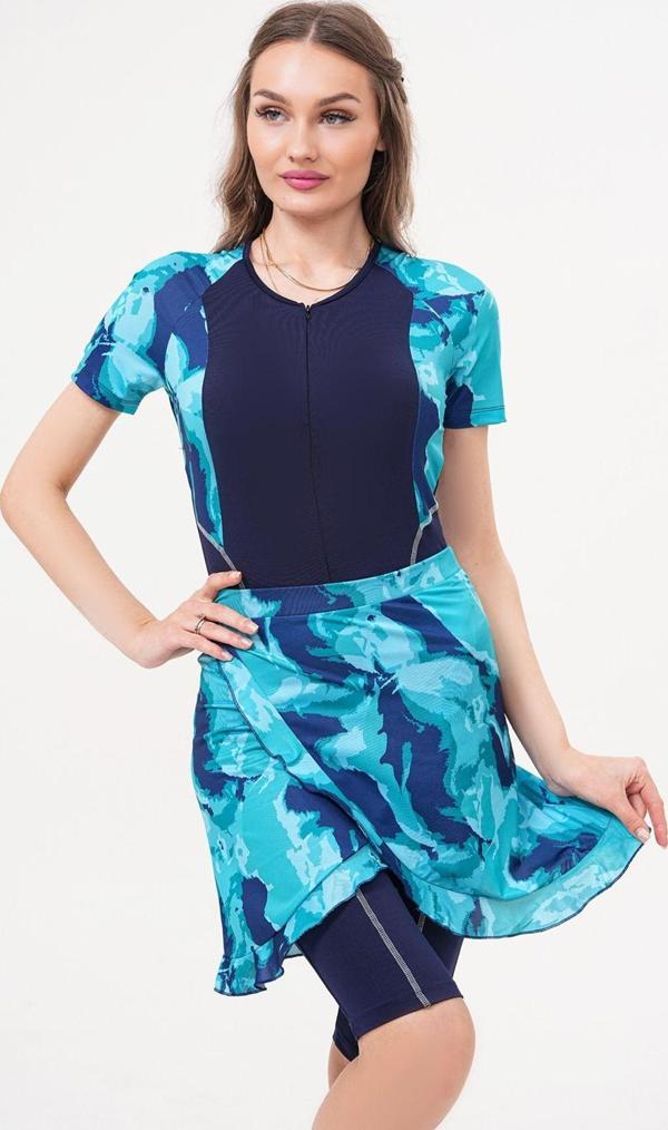 Remsa 2'Li Pareolu Kısa Kollu Uzun Şortlu Fermuarlı Sörfçü Yüzücü Tulum Mayo 2517 Esma Turkuaz - Image 1