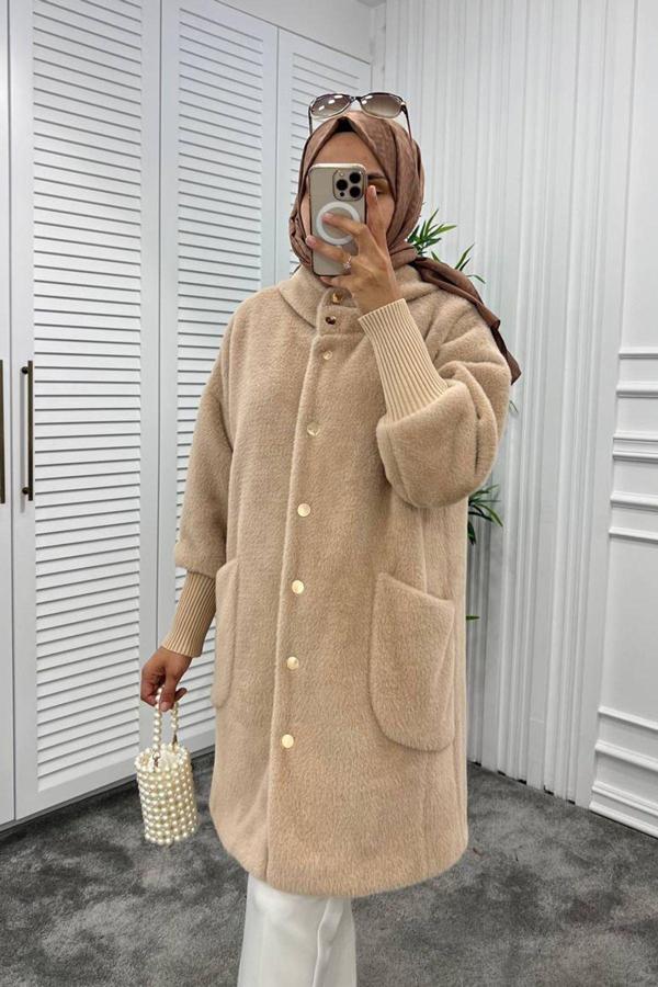 Remsa Kapüşonlu Düğme Detaylı Kürk Ceket 10388 Camel - Image 1