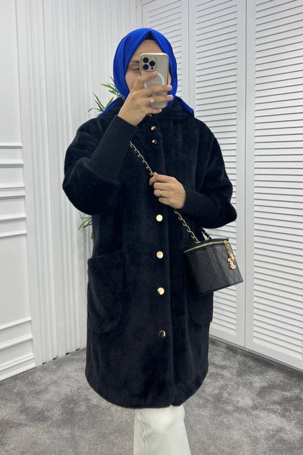 Remsa Kapüşonlu Düğme Detaylı Kürk Ceket 10388 Siyah - Image 1