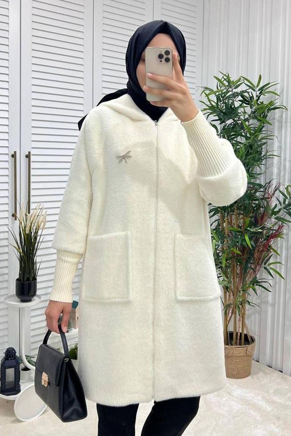 Remsa Kapşonlu Fermuarlı Broş Detaylı Kürk Ceket Kaban 10411 Ekru - Image 1
