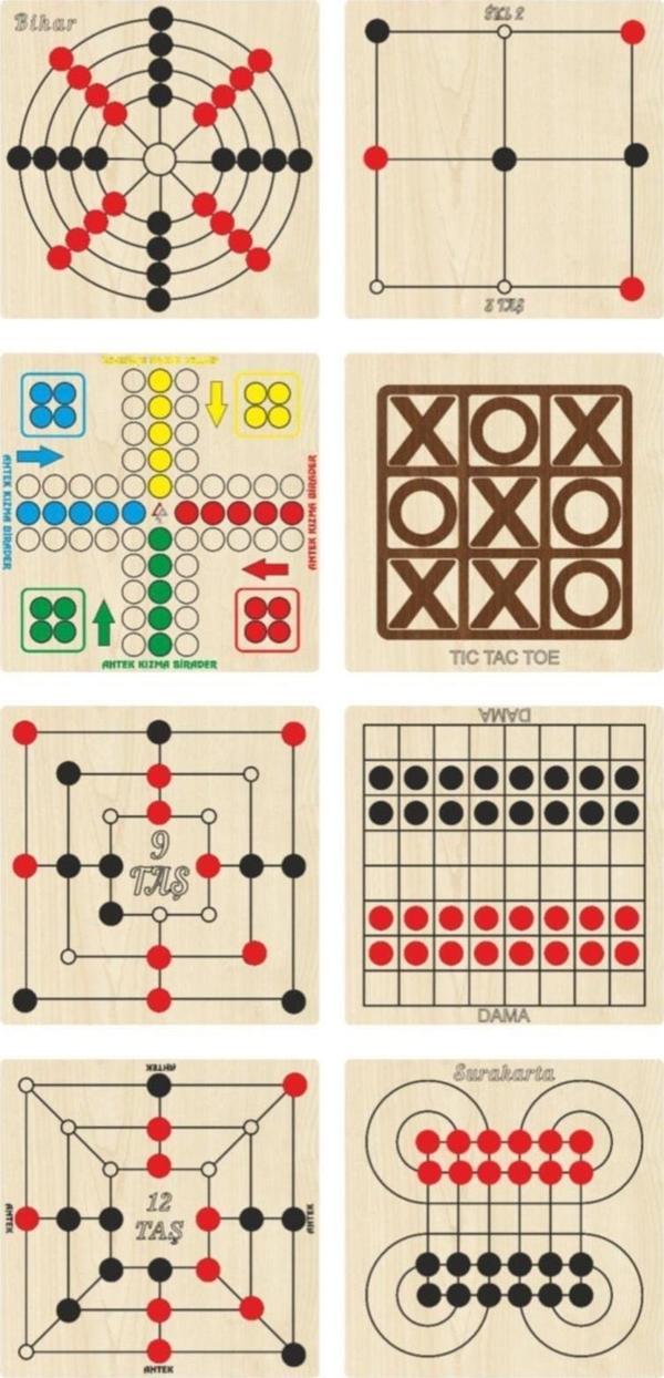 Ahtek Ahşap Oyun Seti 8 Li, Kızma Birader+dama+3 Taş+9 Taş+12 Taş+bihar+surakarta+tic-tac-toe - Image 1