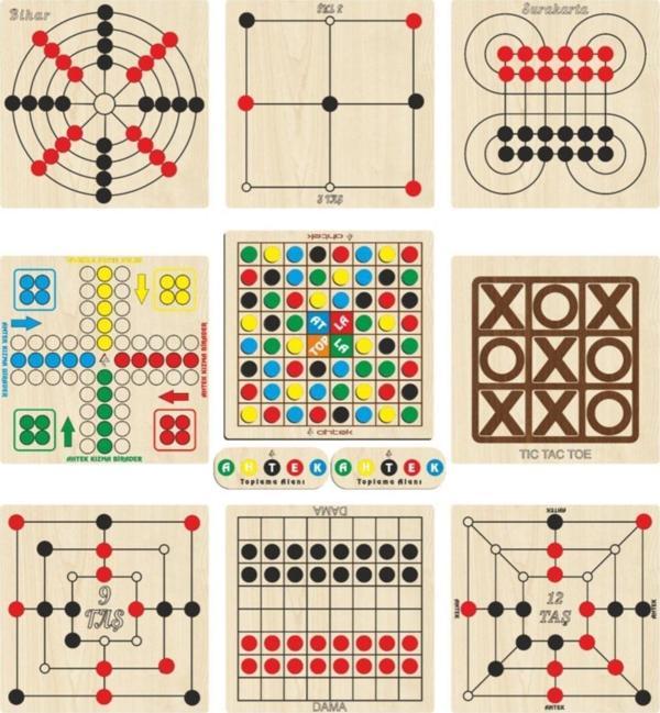 Ahtek Ahşap Oyun Seti 9 Lu, Atla Topla+kızma Birader+dama+3 Taş+9 Taş+12 Taş+bihar+surakarta+tic-tac-toe - Image 1
