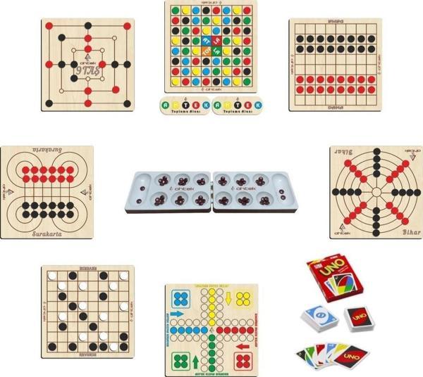 Ahtek Ahşap Oyun Seti 9lu Bihar+ Surakarta+mangala+9 Taş+dama + Atla Topla + Kızma Birader + Reversi + Uno - Image 1