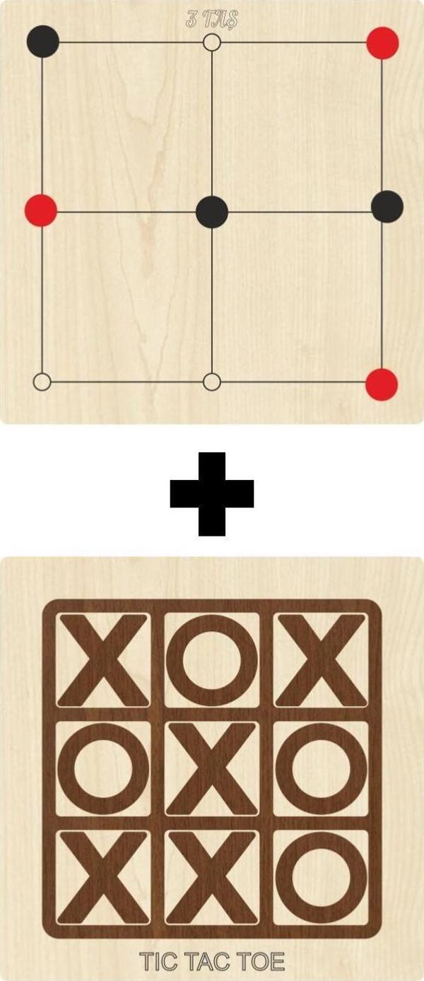 Ahtek Ahşap Tic-tac-toe + 3 Taş Akıl, Zeka, Strateji Ve Beceri Oyunları Seti - Image 1