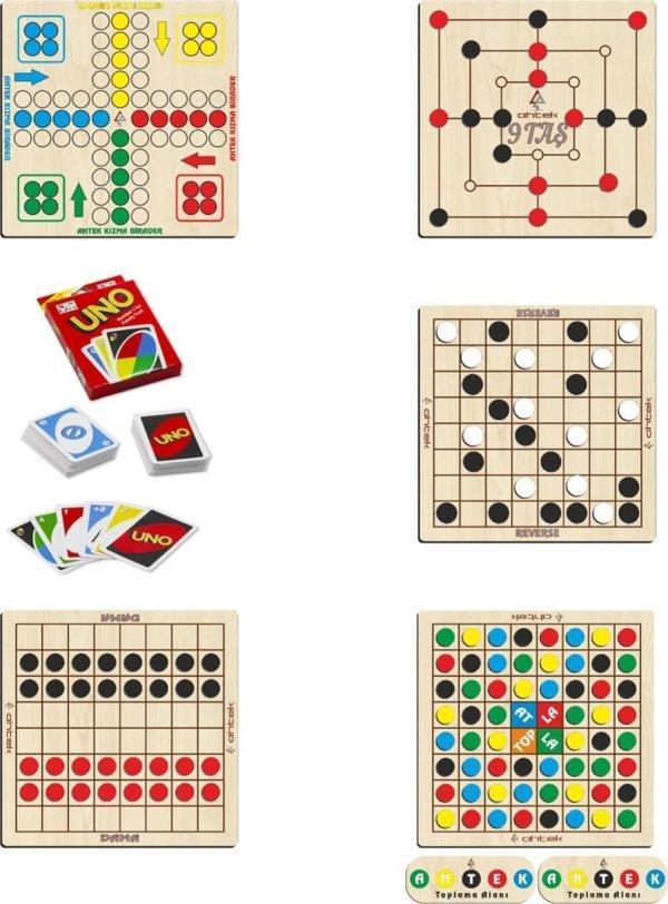 Ahtek Ahşap Zeka Oyun Seti 6 Lı, 9 Taş + Dama + Atla Topla + Kızma Birader + Reversi Ve Uno Oyun Kartları - Image 1