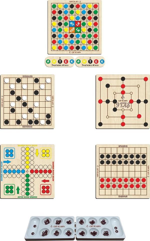 Ahtek Ahşap Zeka Oyun Seti 6 Lı, Mangala + 9 Taş + Dama + Atla Topla + Kızma Birader Ve Reversi - Image 1