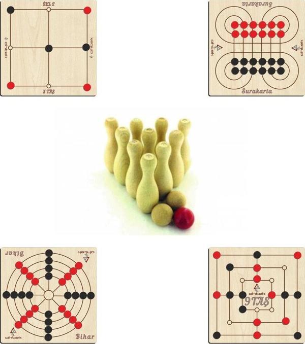 Ahtek Ahşap Zeka Ve Strateji Oyun Seti 5 Li, 3 Taş + 9 Taş + Bihar + Surakarta Ve Bowling - Image 1