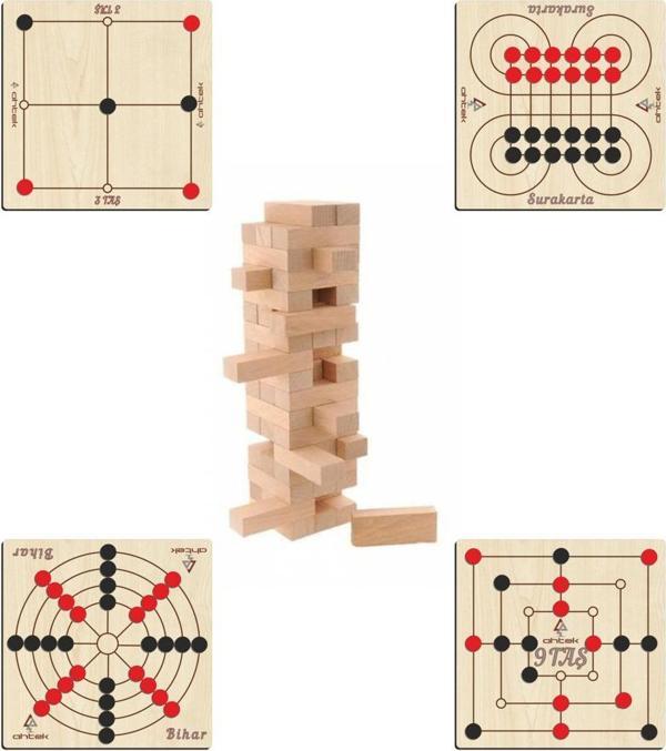 Ahtek Ahşap Zeka Ve Strateji Oyun Seti 5 Li, 3 Taş + 9 Taş + Bihar + Surakarta Ve Jenga - Image 1