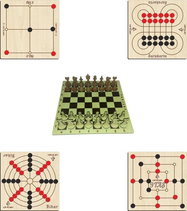 Ahtek Ahşap Zeka Ve Strateji Oyun Seti 5 Li, 3 Taş + 9 Taş + Bihar + Surakarta Ve Satranç - Image 1