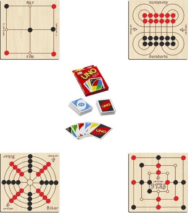 Ahtek Ahşap Zeka Ve Strateji Oyun Seti 5 Li, 3 Taş + 9 Taş + Bihar + Surakarta Ve Uno Oyun Kartları - Image 1