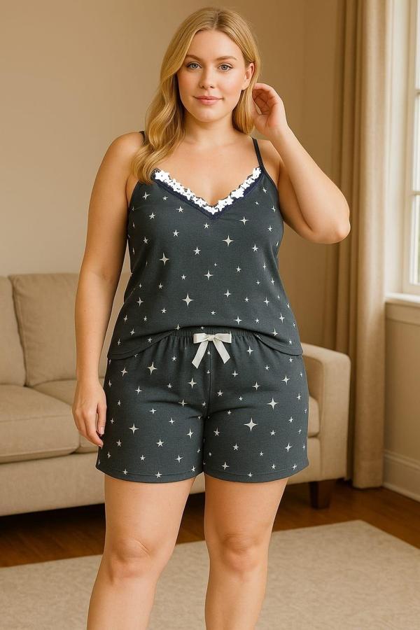 KADIN Büyük Beden İp Askılı Bluz ve Şortlu Alt Üst Pijama - GENİŞ KESİM - ÖLÇÜLER ÜRÜN AÇIKLAMASINDA - Image 1